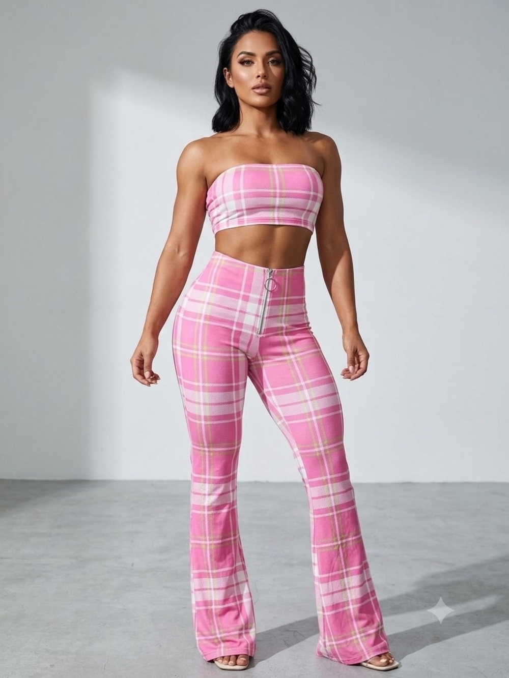 Pink Plaid High-Waist Flare Pants